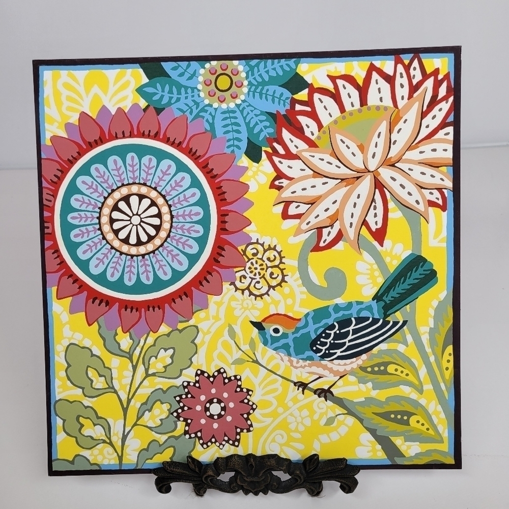 Floral Garden with Bird Paint by Number Painting Finished 11 by 11 Botanical